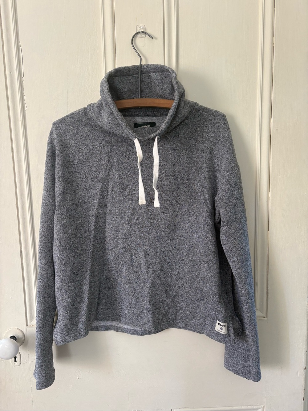 Roots Women’s Gray Crewneck Funnel Sweater with White Drawstring